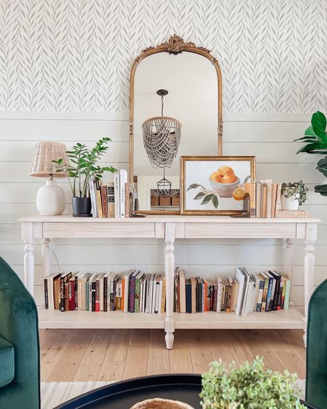 Front Room Dining Room, Hygge Living Room, Green Velvet Chair, Modern Farmhouse Decor Ideas, Sarah Joy, Shelf Decor Living Room, Beadboard Backsplash, Ikea Living Room, Best Farmhouse