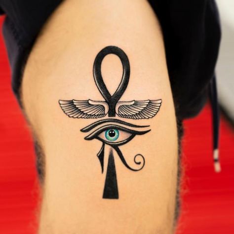 Eye of horus and Ankh cross with wings tattoo Egyptian Tattoo For Women, Ankh Tattoos, Eye Of Ra Tattoo, Cross With Wings Tattoo, Symbolism And Meanings, Egypt Tattoo Design, Egyptian Eye Tattoos, Ankh Tattoo, Horus Tattoo