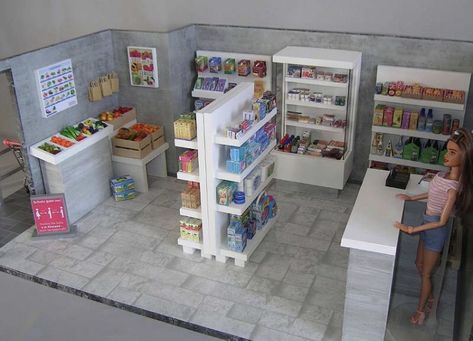 Grocery Store Diorama, Diy Barbie Grocery Store, Diy Mini Brands Display, Mini Market Store Ideas, Miniature Supermarket, Mini Brands Toys Diy, Mini Supermarket, Barbie Store, Diy Barbie House