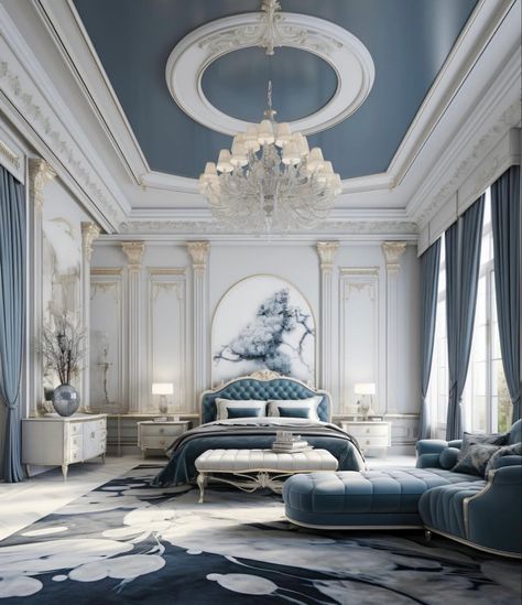 Blue Hotel Aesthetic, Blue Vintage Bedroom, Small Luxury Bedroom, Modern Luxury Bedroom Decor, Fresh Bedroom Decor, Palace Room, Rendering Interior, Royal Room, Fresh Bedroom