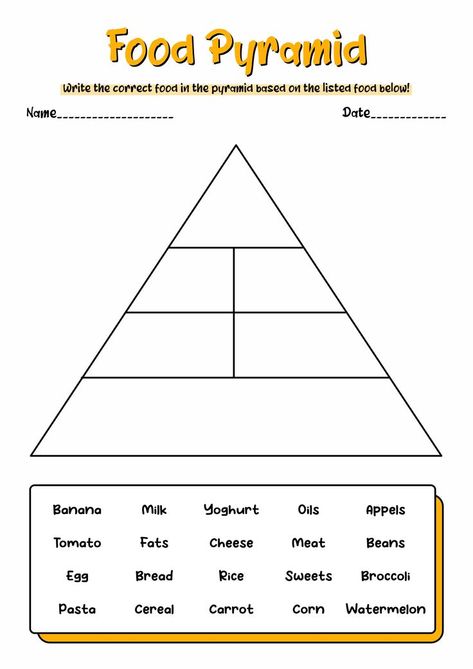 Explore the 5 essential food groups! 🥦🥩🍞🍎🧀 Discover tasty, nutritious recipes and make healthy eating a breeze. 💪🌱 #foodgroups #nutritiontips #HealthyEatingGoals #NutritionMatters #BalancedDietTips #foodgroups Food Prymids Activity, Food Pyramid Kids Activities, Food Pyramid Activities, Food Groups Worksheet, Food Pyramid Worksheet, Food Group Pyramid, After School Food, Food Groups Chart, My Food Plate