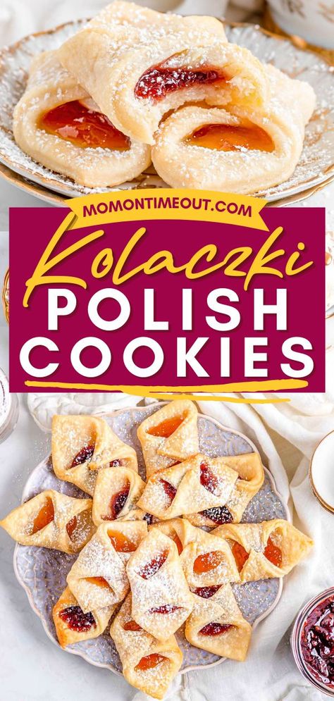 Kolaczki (Polish Cookies), christmas desserts, holidays Christmas Cookies With Jam Filling, Jam Filled Christmas Cookies, Christmas Cookies Jelly, Easy Polish Recipes Desserts, Easy Jam Cookies, Jelly Filled Christmas Cookies, Cookies With Jelly In The Middle, Jelly Christmas Cookies, Jam Filled Cookies Recipe