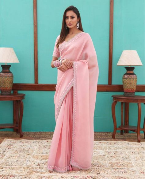 pink colour saree Pink Colour Saree, Pink Organza Saree, Baby Pink Saree, Haldi Ceremony Outfit, Sari Shop, Sequence Embroidery, Baby Pink Colour, Organza Saree, Light Pink Color