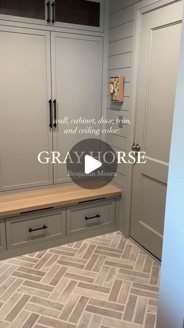 Remedy Design Firm on Instagram: "Getting so many questions about this paint color! Love the design of this mudroom and added a little extra drama with the same color on cabinets, trim, walls, and ceiling! What do you think?" Colored Ceiling, So Many Questions, Grey Horse, Paint Color, Design Firms, Paint Colors, You Think, Drama, Ceiling