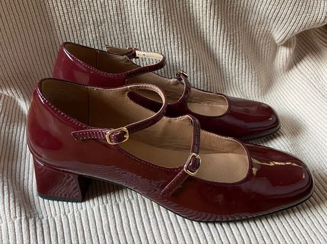 Dark Red Mary Janes, Fancy Shoes For Women, Red Shoes Aesthetic, Maroon High Heels, Downtown Shoes, Dark Red Coquette, Mary Janes Aesthetic, Dark Academia Shoes, Dark Red Shoes