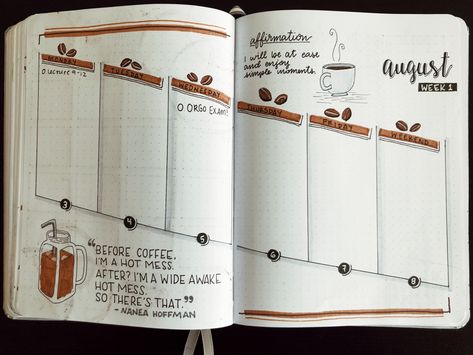 Coffee Themed Bujo, Coffee Bujo Theme, Coffee Bullet Journal Theme, Bujo Book Theme, November Bullet Journal Weekly Spread, Bujo Coffee Theme, Coffee Theme Bullet Journal, Bullet Journal Coffee Theme, Bujo Weekly Spread Layout