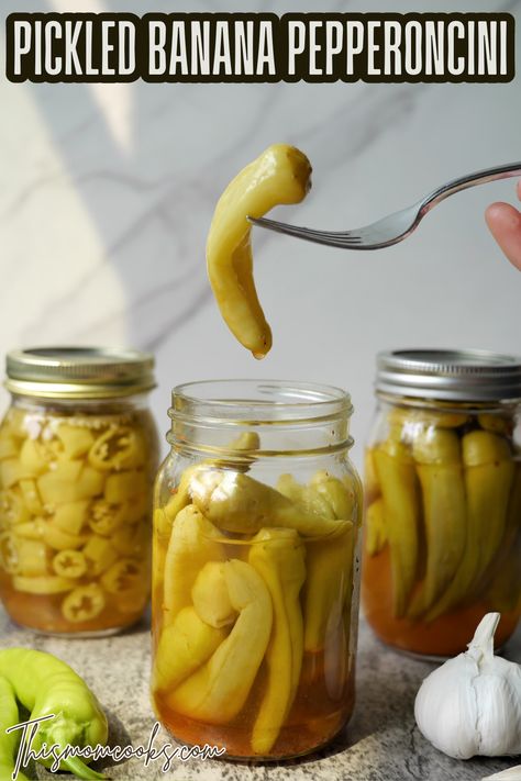 Pickled Banana Peppers (like pepperoncini) – This Mom Cooks Pickled Whole Banana Peppers Recipe Canning, Hot Banana Pepper Canning Recipes, How To Make Pickled Banana Peppers, Pickling Pepperoncini Peppers, Hot Banana Peppers Recipes, What To Do With Sweet Banana Peppers, Fermented Banana Peppers, Pickled Whole Banana Peppers, Canning Hot Banana Peppers