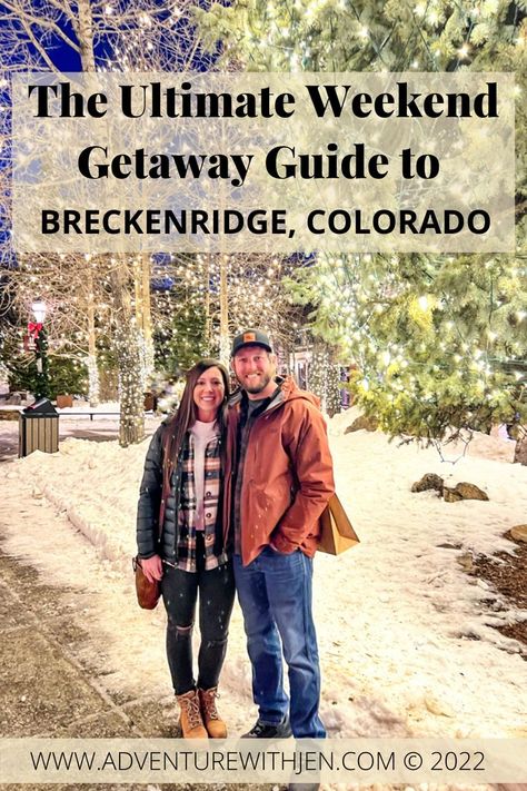 Young couple standing in front of magical looking pine trees strung with twinkle lights and capped in snow in downtown Breckenridge, Colorado. Right off Main Street on a snowy weekend getaway to one of Americas favorite ski towns. Breckenridge Colorado Winter, Colorado Rocky Mountains, Colorado Travel Guide, Snowboarding Trip, Winter Trip, Colorado Winter, Ski Town, Breckenridge Colorado, Winter Getaway