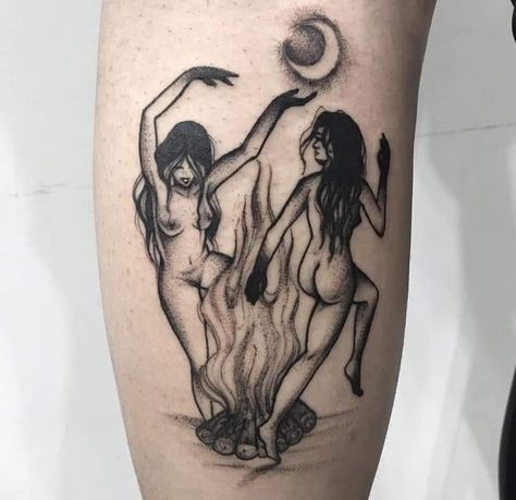 Witch Dancing Tattoo, Three Witches Dancing Tattoo, Naked Witch Tattoo, Wild Woman Tattoo, Goth Women Tattoos, Magick Tattoo, Witch Tattoos, Nature Tattoo Ideas, Devil Art