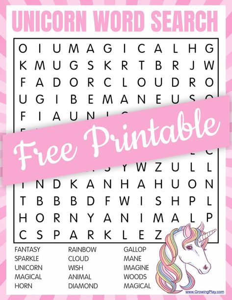 Unicorn Word Search FREE PDF printable from Growing Play Unicorn Games Free Printable, Perceptual Activities, Pony Ideas, Unicorn Games, Unicorn Stuff, Unicorn Themed Birthday Party, Birthday Coloring Pages, Unicorn Printables, Toddler School