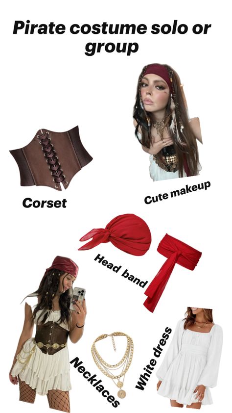 This is a collage of pics for what you’ll need for a pirate costume. Diy Halloween Costumes Pirate, Women’s Pirate Costume Dress Diy, Cute Pirate Costume Women Diy, Diy Woman Pirate Costume, Pirate Diy Costume Women, Pirate Diy Costume, Easy Pirate Costume, Pirates Of The Caribbean Costumes, Pirate Inspired Outfits