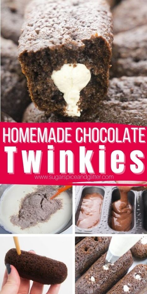 Homemade Chocolate Twinkies recipe is a fun twist on the classic snack cake - and in my opinion, they taste way better than the originals! This recipe features a simple homemade chocolate sponge cake filled with semi-homemade marshmallow cream filling. Chocolate Twinkie Cake Recipe, Twinkie Filling Recipe, Twinkie Filling, Twinkie Recipe, Marshmallow Cream Filling, Homemade Twinkies, Chocolate Twinkie, Twinkies Recipe, Homestead Food