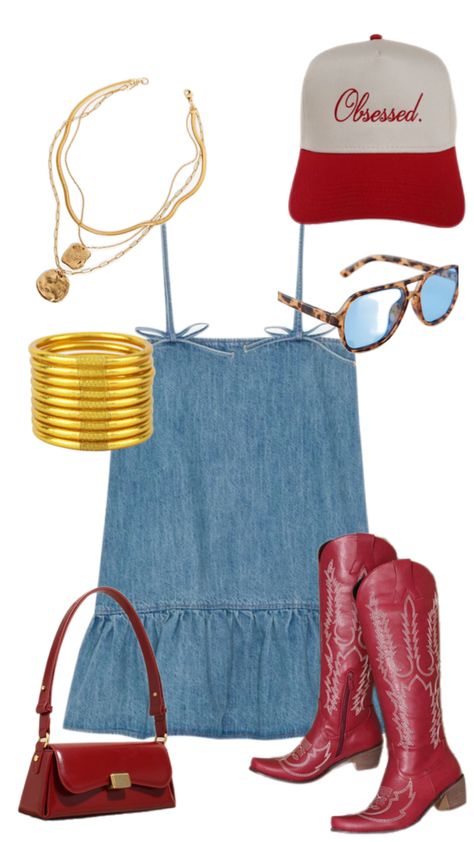 Denim Dress Outfit Gameday, Outdoor Music Festival Outfits Fall, Things To Wear To A Country Concert, Zb Concert Outfits, Denim Skirt Country Concert Outfit, Red Country Aesthetic, Nashville Night Out, Beach Country Concert Outfit, Bluegrass Festival Outfit