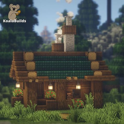 Build this house in your Minecraft world! Tap to watch step by step tutorial! Tiny Cabin Minecraft, Cozy Minecraft Cabin, Small Minecraft Cabin, Minecraft Winter Cottage, Minecraft Cottage House, Minecraft Cabin, Minecraft Small House, Minecraft Kingdom, Cottagecore Minecraft