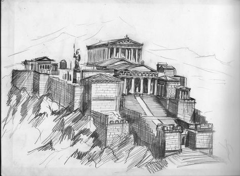 pencil drawing - Acropolis of Athens Acropolis Of Athens Sketch, Acropolis Sketch, Acropolis Drawing, Greek Temple Drawing, Athens Drawing, Sketches Detailed, Greece Drawing, Acropolis Greece, Greece Architecture