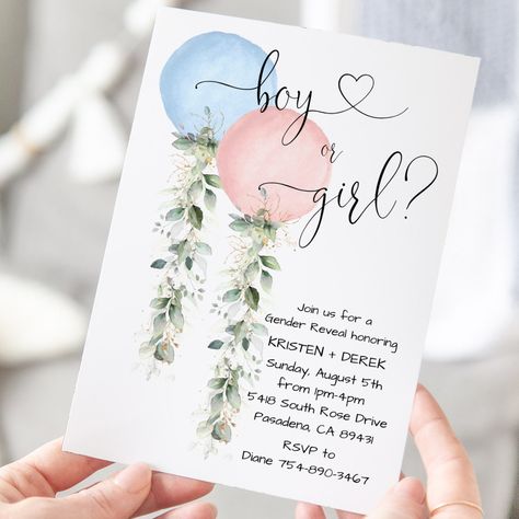 Spring Gender Reveal, Watercolor Gender Reveal, Balloon Watercolor, Watercolor Balloons, Gender Reveal Decor, Gender Reveal Balloons, Gender Reveal Decorations, Gender Reveal Invitations, Baby Gender Reveal