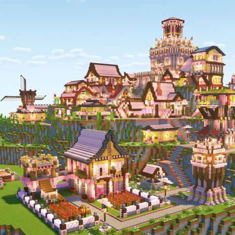 Minecraft Cherry Blossom Village Tutorial Cherry Grove Village Minecraft, Cheery Blossoms Minecraft House, Minecraft Sakura Builds, Minecraft Builds Cherry Blossom, Cherry Blossom Path Minecraft, Cherry Village Minecraft, Cherry Blossom Castle Minecraft, Minecraft Cherry Blossom Village, Cherry Blossom Village Minecraft