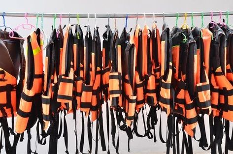 How to Organize and Store Lake Gear such as Life Jacket's and Water Skis Hanging Jackets Ideas, Life Jacket Storage Ideas, Jacket Storage Ideas, Life Jacket Storage, Storage Ideas Bedroom, Jacket Storage, Lake Toys, Steel Shelving Unit, Wooden Cubby