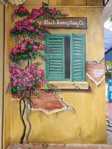 3d Window Painting, Garden Murals Ideas Wall Art Backyard, Wall Painting For Balcony, Garden Wall Ideas Decorative, Backyard Wall Painting Ideas, Outdoor Wall Painting Ideas Backyards, Outside Wall Painting Ideas, Terrace Wall Painting Ideas, Diy Wall Mural Ideas Easy