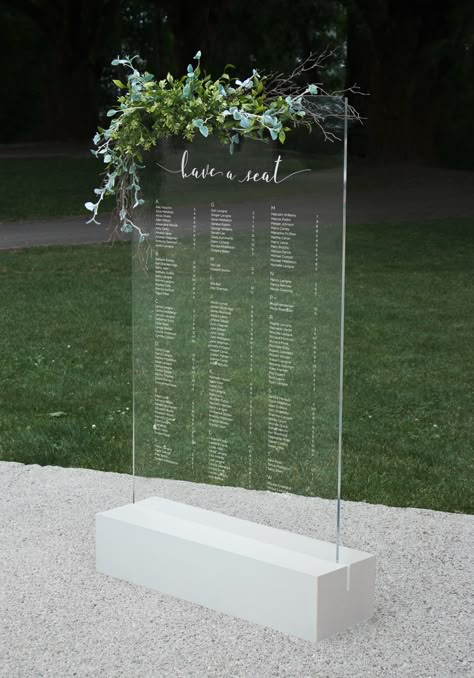 Vancouver BC Wedding and Event Rentals at Flavelle & Co. / Naramata Seating Chart / www.flavelleandco.com Diy Glass Seating Chart Wedding, Plexiglass Wedding Seating Chart, Plexi Glass Wedding Seating Chart, Frosted Glass Seating Chart, Glass Seating Chart Wedding, Perspex Wedding Signs, Glass Seating Chart, Acrylic Seating Chart Wedding, Seating Chart Acrylic