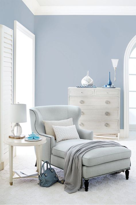 Five Pieces Every Stylish Home Should Have - The Chriselle Factor Blue Bedroom Walls, Light Blue Walls, Blue Bedroom Decor, Bernhardt Furniture, Chaise Lounges, Blue Rooms, Bedroom Paint, Elegant Home Decor, Blue Bedroom