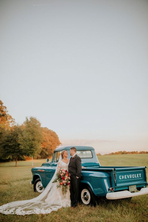 Wedding Pics With Old Trucks, Wedding Getaway Truck, Photos With Truck, Vintage Truck Wedding, Burnt Orange Accents, Your Hand In Mine, Wedding Pic, Velvet Dresses, White Gown