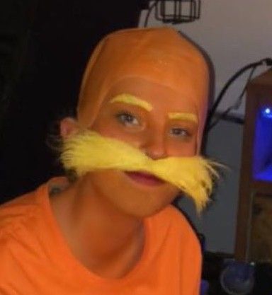 How To Make Lorax Mustache, Shaved Head Halloween Costumes, Lorax Face Paint, Bald Cap Costume Ideas, Bald Cap Halloween Costume, Mustache Costume Ideas, Bald Costume Ideas, Orange Costume Ideas, Lorax Makeup