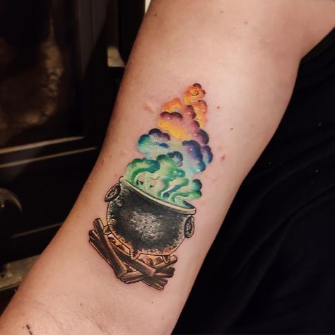 Matching Witchy Tattoos, Cauldron Tattoo, Tattoo Arm Sleeve, Witchy Tattoos, Pagan Tattoo, Tattoos For Best Friends, Wiccan Tattoos, Witch Tattoo, Spooky Tattoos