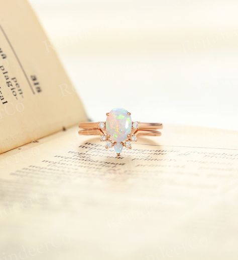 Wedding Band Pear, White Opal Engagement Ring, Opal Engagement Ring Rose Gold, Opal Engagement Ring Set, Rose Gold Diamond Ring Engagement, Pear Shaped Ring, Opal Engagement Ring, Wedding Rings Solitaire, Opal Engagement