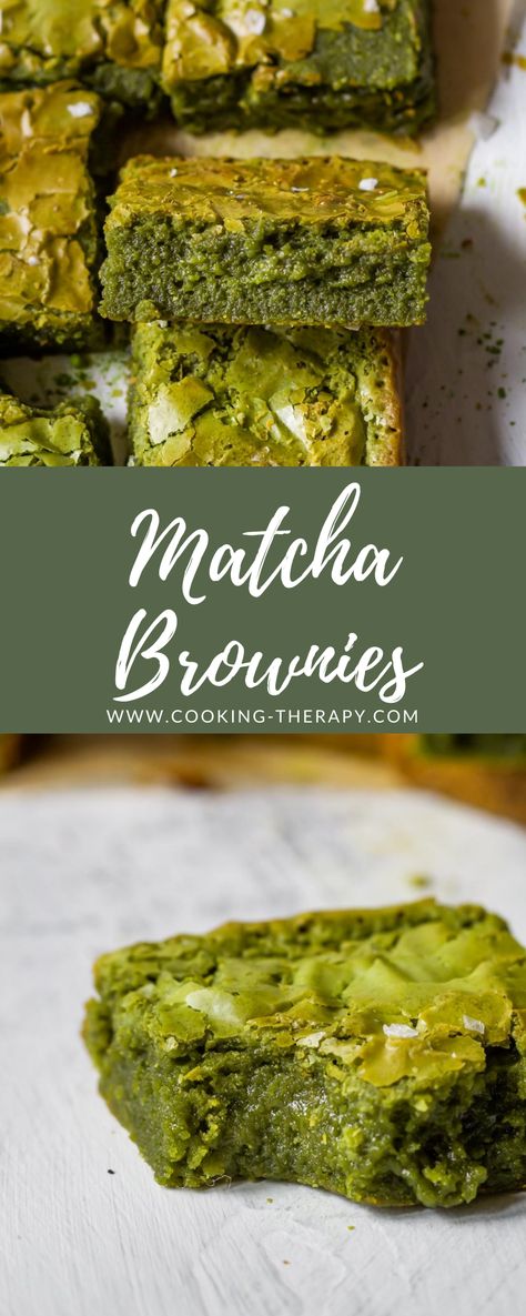 Gooey fudgy brown butter matcha brownie recipe. #matchabrownies #matcha #brownies Green Tea Brownies, Macha Dessert Recipes, Matcha Chocolate Brownies, Macha Recipes Baking, Green Brownies Recipe, Matcha White Chocolate Brownies, Vegan Matcha Brownies, Matcha Cookies Recipe Healthy, Matcha Blondies Recipe