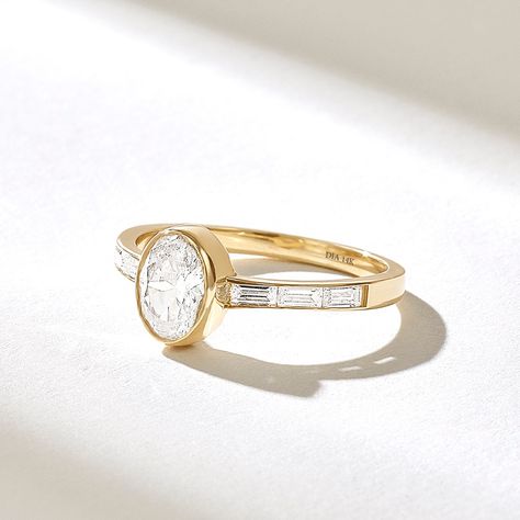 Simple Engagement Rings Thick Band, Simple Gold And Diamond Ring, Simple Flat Engagement Rings, Embezzled Engagement Ring, Beveled Engagement Ring, Flush Engagement Ring, Bezel Set Engagement Ring Oval, Oval Bezel Engagement Ring, Bezel Diamond Engagement Ring