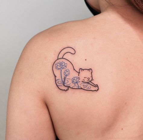 Cute stretching cat tattoo with blue lotus Cat Tattoo Unique, Cat Stretch Tattoo, Blue Cat Tattoo, Cat Stretching Tattoo, Stretching Cat Tattoo, Unique Cat Tattoo, Cat Lotus Tattoo, Yoga Cat Tattoo, Cat Sleeping In Flowers Tattoo