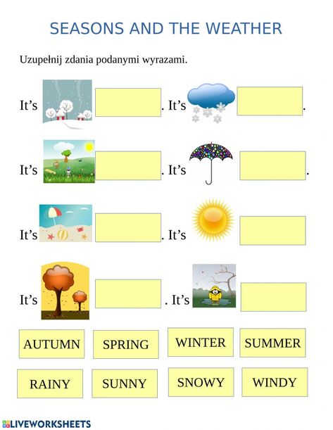 Seasons online activity for Grade 2. You can do the exercises online or download the worksheet as pdf. Season And Weather Worksheet, Weather And Seasons Activities, Weather And Seasons Worksheet, Season Worksheet, English Liveworksheet, Ivan Cruz, Worksheet For Class 2, Teaching Weather, Seasons Preschool