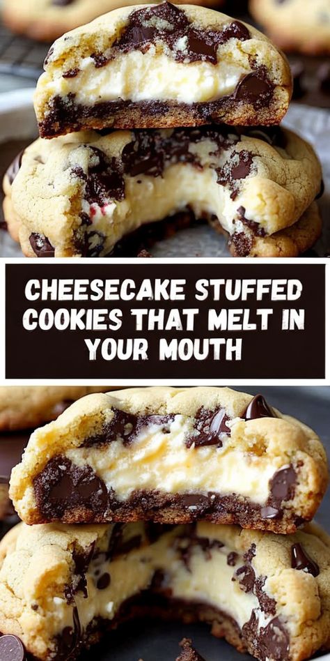 Indulge in our irresistible Cheesecake Stuffed Chocolate Chip Cookies—perfect for any celebration. Gooey, creamy, and unforgettable! #DessertGoals #Baking #Cookies #Cheesecake #CelebrationBaking Cookies Cheesecake, Easy Summer Dessert Recipes, Stuffed Chocolate Chip Cookies, Baking Mix Recipes, Easy Summer Dessert, Classic Chocolate Chip Cookies, Comfort Desserts, Light Cakes, Easy Summer Desserts