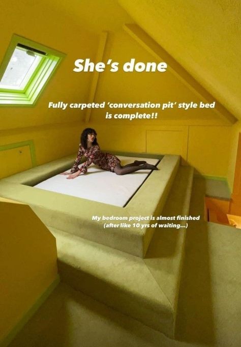 Diy Sunken Bed, 70s Round Bed, Conversation Pit Bed, Faux Conversation Pit, Conversation Pit Diy, Conversation Pit Couch, Sunken Living Room 70s Conversation Pit, Diy Conversation Pit, Couch Pit