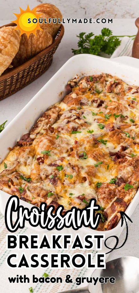 Looking for croissant breakfast ideas? This baked croissant breakfast casserole is the perfect mix of savory comfort and brunch-worthy elegance. With layers of flaky croissants, crispy bacon (or breakfast meat of choice), and melty cheese, it’s a dish that’s sure to impress and bring everyone to the table—no one will guess how simple it is to make! Cheesy Sausage Croissant Casserole, Casserole With Croissants, Croissant Breakfast Sandwich Make Ahead, Spinach And Gruyère Breakfast Casserole, Savory Croissant Bake, Overnight Crossaint Breakfast Casserole, Challah Breakfast Casserole, Make Ahead Breakfast Casserole Bacon, Christmas Breakfast Casserole Croissant