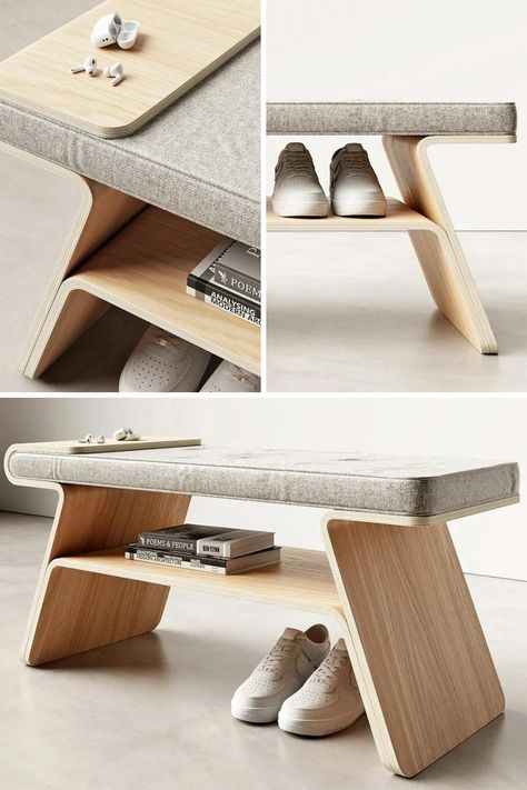 Teixeira Design Studio's 'Tokyo' seamlessly combines a shoe rack and bench, showcasing minimalist elegance and dual functionality. With a subtly curved side leg forming a top tray and a bottom shelf, Tokyo enhances storage options while adding a touch of Japanese-inspired design to modern living spaces. Learn More! Shoes Shelf, Japanese Living, Interior Design Student, Camping Shoes, Furniture Design Inspiration, Decorative Set, Japanese Furniture, Shoe Shelf, Rack Design