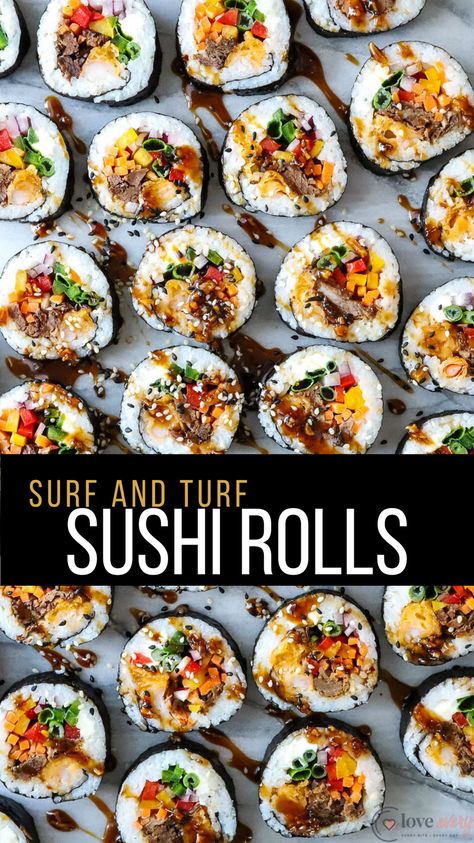 Surf And Turf Sushi Roll, Non Seafood Sushi, Fun Sushi Ideas, Unique Sushi Rolls, Steak Sushi Roll, Meat Sushi Roll, Bbq Sushi, Sushi Recipes For Beginners, Shrimp Sushi Rolls