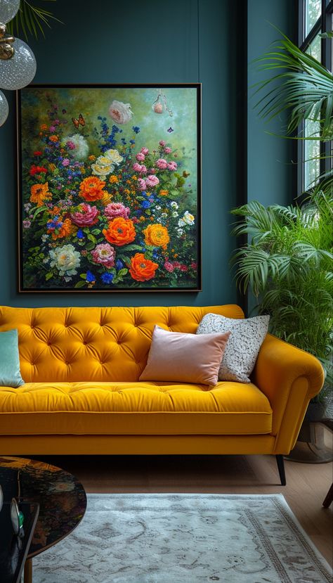 Yellow couch and floral painting interior design plants Living Room With Yellow Couch, Yellow Couch Living Room Ideas, Pottery Barn Inspired Living Room, Cozy Living Room Furniture, Painting Interior Design, Floral Couch, Yellow Couch, Interior Design Plants, Couch Styling