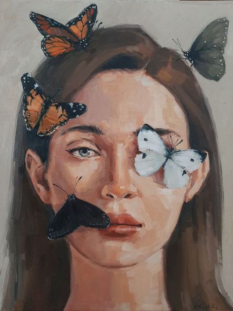 Woman With Butterflies, Abstract Portrait Painting, Face Study, Portrait Oil Painting, Art Face, Oil Pastel Art, Butterfly Drawing, Butterfly Painting, Butterfly Wall Art