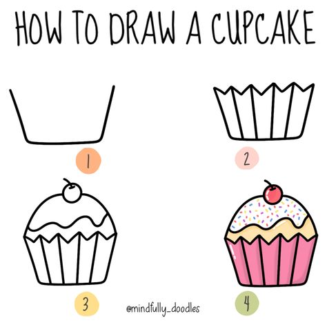 Learn how to draw this cute cupcake with a super simple step by step guide. #doodle #bulletjournaldoodles How To Draw Cupcakes Step By Step, Cupcake Drawing Step By Step, How To Draw Kindergarten Step By Step, Simple Cupcake Drawing, How To Draw A Cupcake, Cupcakes Doodle, Cupcake Drawing Easy, Cupcake Doodle, Draw A Cupcake