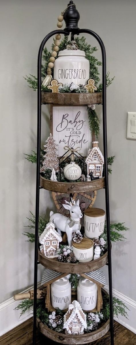 Hobby Lobby 4 Tier Shelf, Neutral Gingerbread Display, Hobby Lobby Christmas Decor 2022, Ladder Shelf Christmas Decor, Gingerbread Asthetic, Hobby Lobby Tiered Shelf, Hobby Lobby Tiered Shelf Decor, Neutral Gingerbread Decor, Hobby Lobby Christmas 2022