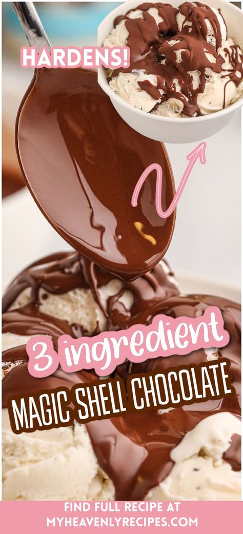 Chocolate Magic Shell, Magic Shell Chocolate, Diy Magic Shell Chocolate, Hard Shell Ice Cream Topping, Chocolate Dipped Ice Cream Cones, Magic Shell Recipe Homemade, Magic Chocolate Shell, Chocolate Shell For Ice Cream, Chocolate Hard Shell Recipes