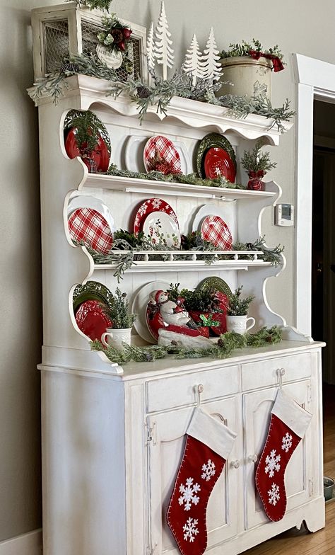 Diy Gifts For His Birthday, China Hutch Christmas Decor, Christmas Hutch Display, Hutch Christmas Decorating Ideas, Decorating Top Of Hutch Farmhouse, Christmas Hutch Decorating Ideas, Christmas Hutch Decor, Christmas Hutch, Christmas Kitchen Decor Ideas