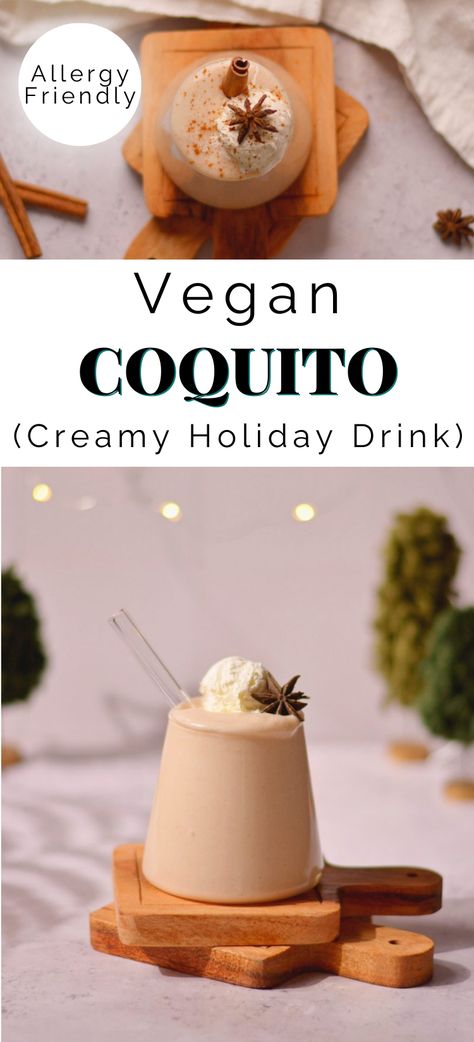 Coconut Coquito Recipe, Dairy Free Coquito, Dairy Free Coquito Recipe, Coquito Latte, Coquito Flavors, Coquito Bottles Ideas, Christmas Alcholic Drinks, Vegan Coquito Recipe, Traditional Coquito Recipe