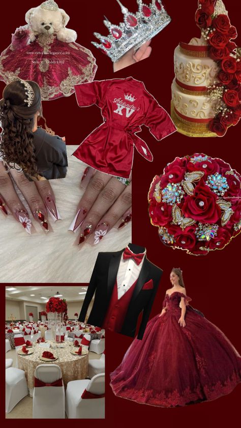 Quinceanera Red And Gold Theme, Quinceanera Ideas Red, Red Quince Theme, Gold Quinceanera Theme, Quinceanera Red, Mexican Quinceanera, Quince Themes, Mexican Quinceanera Dresses, Quinceanera Themes Dresses