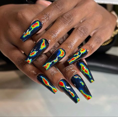 Hand painted thermal apres nails by Morgan #ThermalNails #NailArt #Handpainted #NailAesthetic #Naildesigns #Nailtech #nailinspo Map Nails, Apres Nails, Almond Acrylic Nails Designs, Thermal Nails, Nails Care, Mens Nails, Hippie Nails, Birthday Babe, Gothic Nails