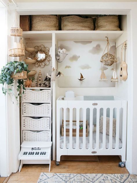 Small Walk In Closet Nursery Converted, Closet Crib Ideas, Crib In Closet Ideas, Walk In Closet Nursery Converted, Closet Nursery Converted, Tiny Baby Nursery, Nursery Corner In Parents Room, Tiny Nursery Ideas, Baby Port