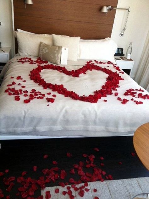 Wedding 1st night bed decoration ideas.   REAL Rose petals available at Flyboy Naturals Rose Petals www.flyboynaturals.com Romantic Hotel Rooms, Romantic Room Surprise, Romantic Room Decoration, Wedding Bedroom, Wedding Bed, Romantic Bed, Romantic Bedroom Decor, Romantic Surprise, Romantic Room