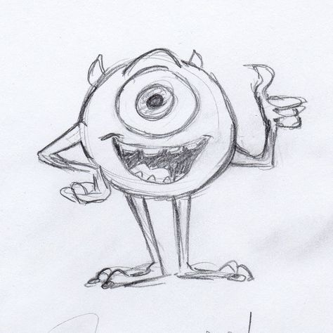 90s Cartoon Drawings, Simple Disney Sketches, Disney Pixar Sketches, Mike Wazowski Drawing, Mike Wazowski Sketch, Disney Characters Drawings, Mike Wazowski Painting, Disney Character Drawings, Cartoon Movie Characters